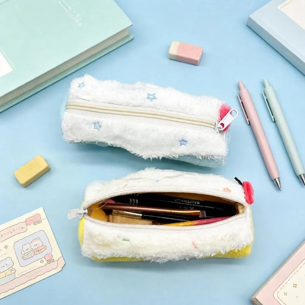 Portable Pencil Case Swiss Roll Shape Large Capacity Pencil Pouch Soft Fluffy Star Embroidery Stationery Pouch Gift
