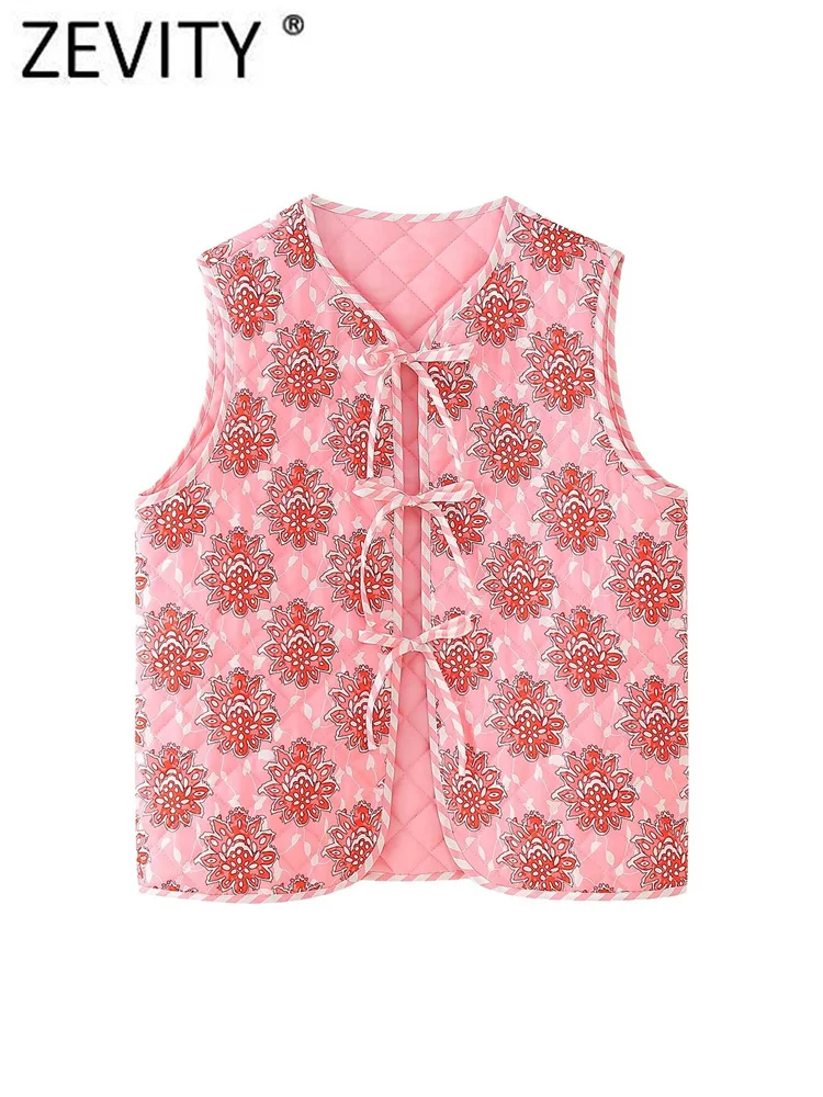 Zevity Women Sweet O Neck Sleeveless Floral Print Quilted Cotton Vest Jacket Lady Bow Lace Up Kimono WaistCoat Tops CT6271