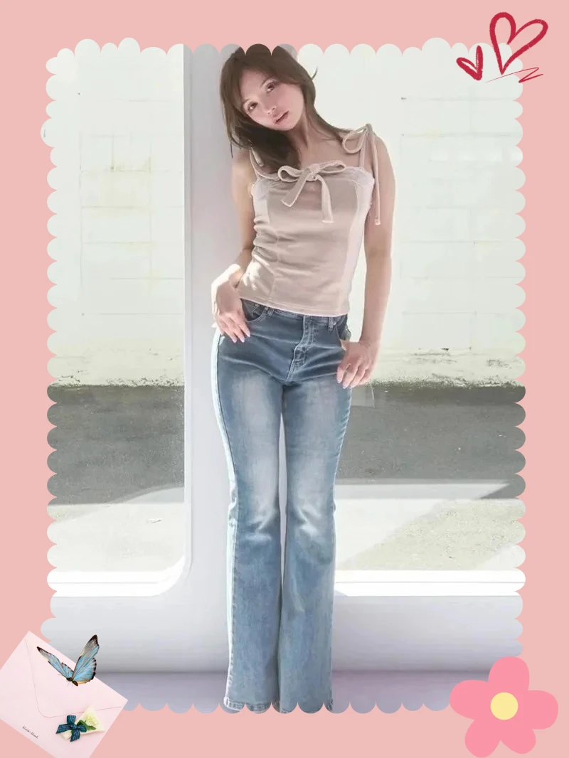 

Spring and Summer New High-waisted Blue Denim Micro-flared Pants Sweet Girls Versatile Bow Flare Jeans Trousers for Women