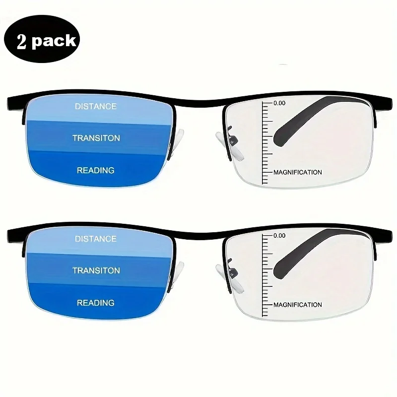 2pc Progressive Multifocal Computer Reading Glasses, Blue Light Blocking, Acrylic Lenses, PC Frame, Half Frame, Square Shape, wi
