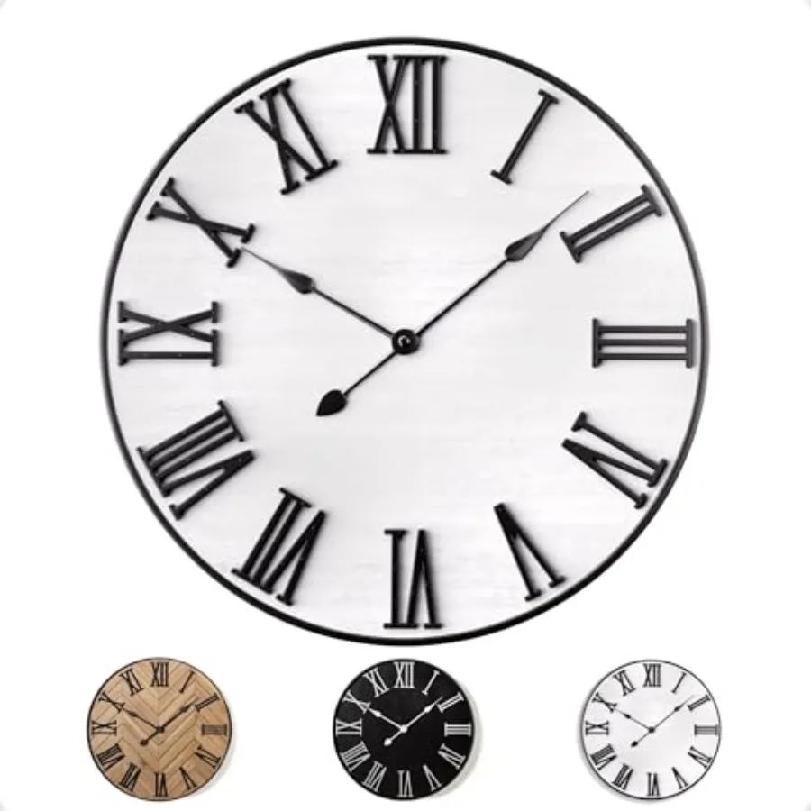 

Large Wall Clock 24" Round - Silent Metal and Wood Large Farmhouse Wall Clock For Living Room Decor with 3D Roman Numerals - No