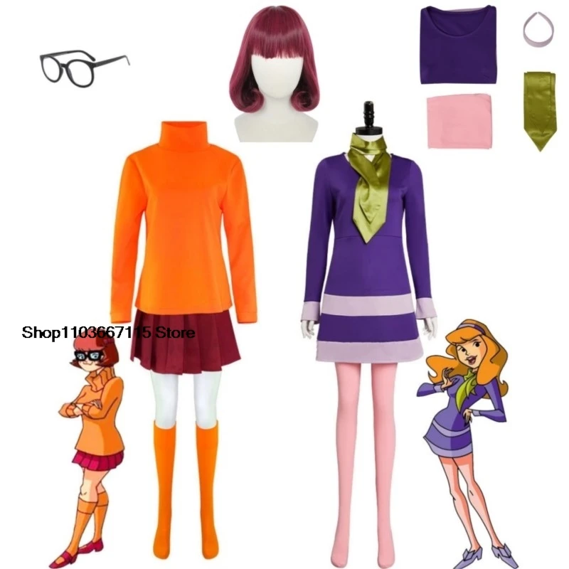 Velma Cosplay Outfit Uniform Wig Anime Woman Daphne Orange Top Skirt Socks Glasses Halloween Costume Set Girls Party Role play