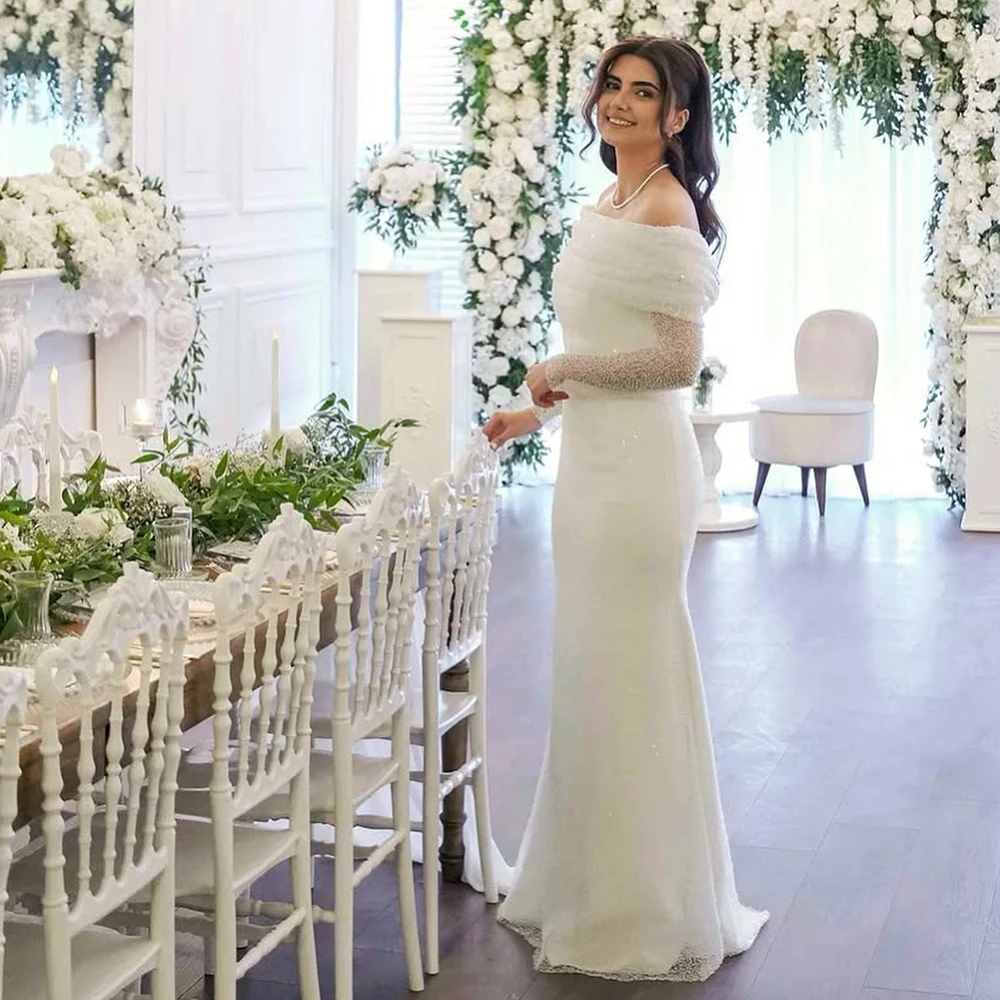 

Customized White Off the Shoulder Tulle Evening Dress ILLUSION Full Sleeves Backless Prom Gown Mermiad FLoor Length Party Dress