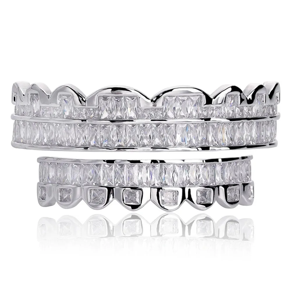 

Hip Hop Teeth Grillz Set Top & Bottom Bling Cubic Zircon Shiny Silicone Plated Grillz for a Real Shine AAA Quality
