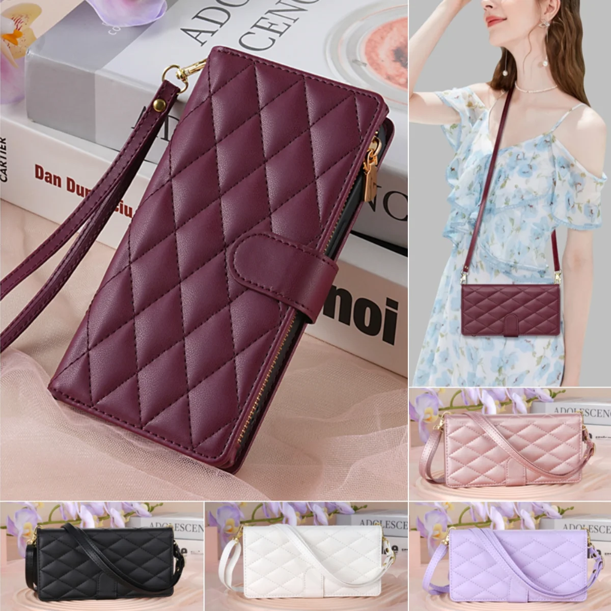 Umhängetasche aus Leder für Samsung Galaxy S25 S24 S23 Ultra S22 S21 FE S20 S10 Plus Note 20 + Reißverschlusskarten Solt Wallet Bag Cover