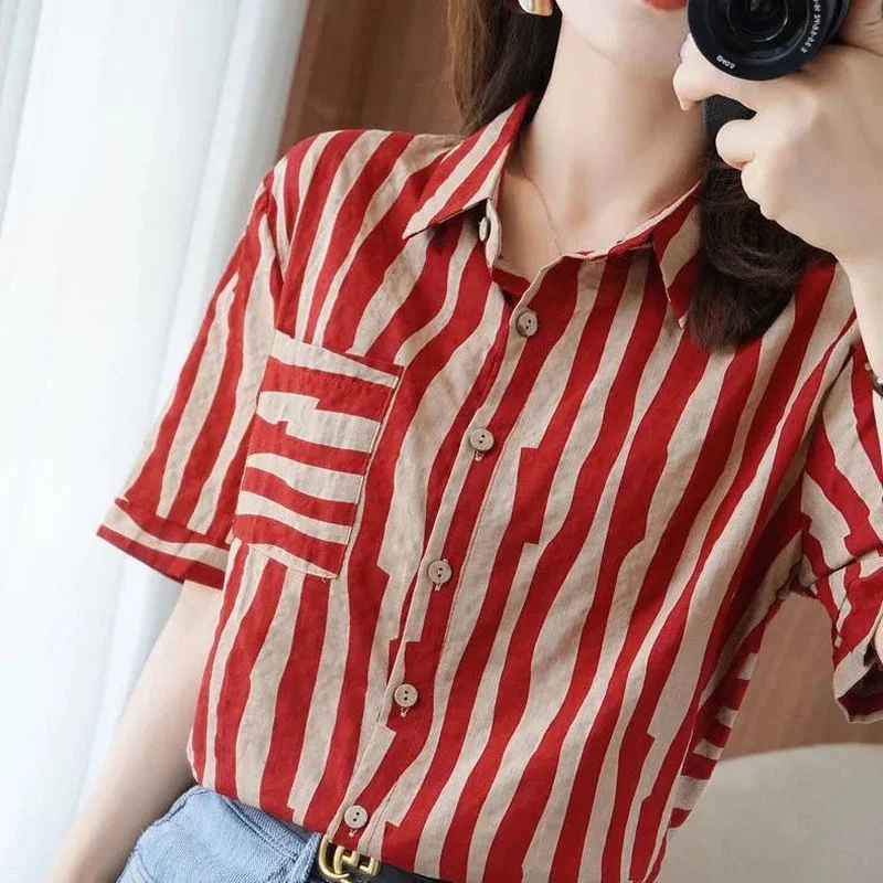 

Clothes Office Outfits Womens Shirt & Blouse Fine Elegant Tops for Women Formal Striped Collar Linen Wear To Work Youthful S M