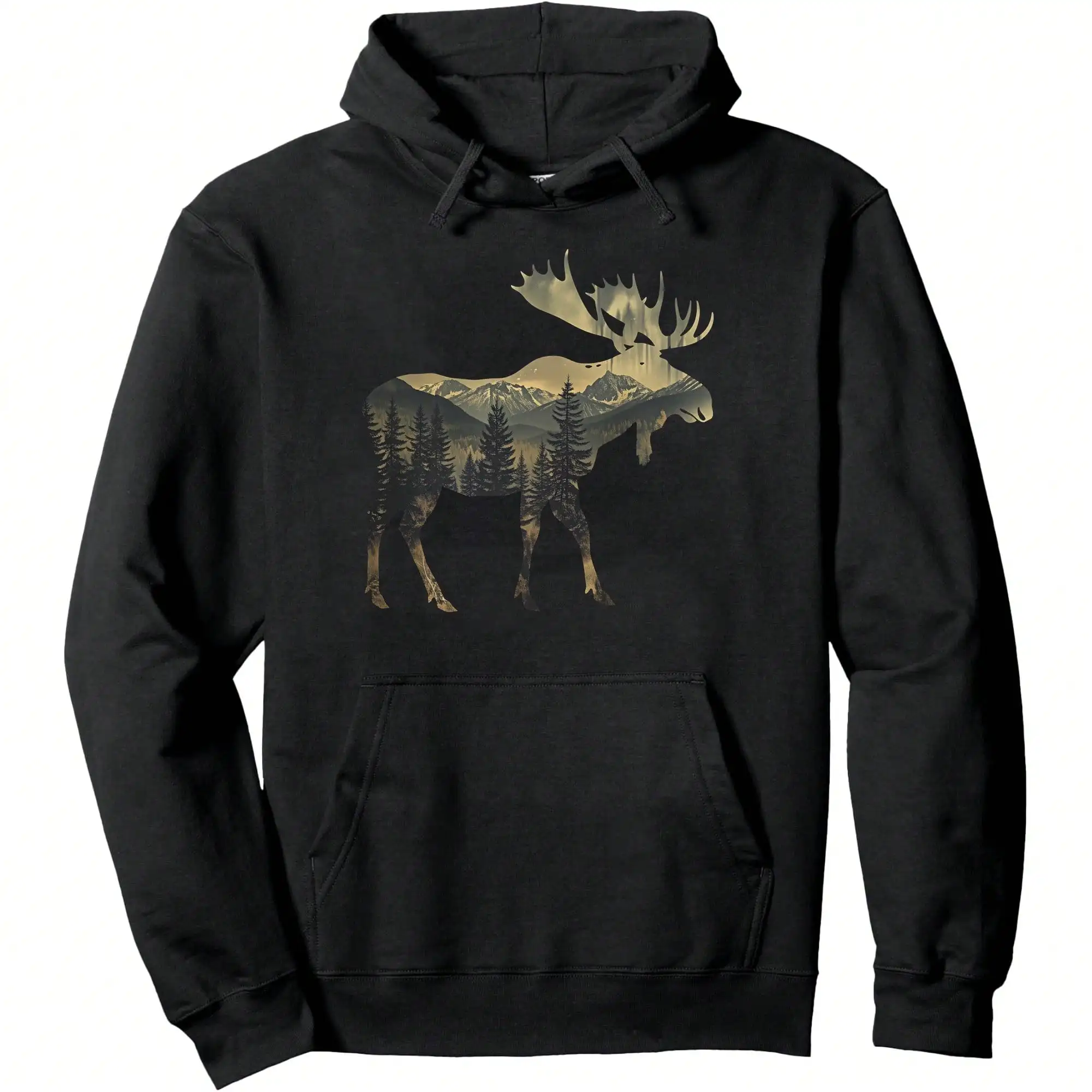 Men's Moose Forest Print Pullover Hoodie Winter Outdoor Nature Warm Casual Sweatshirt for Men