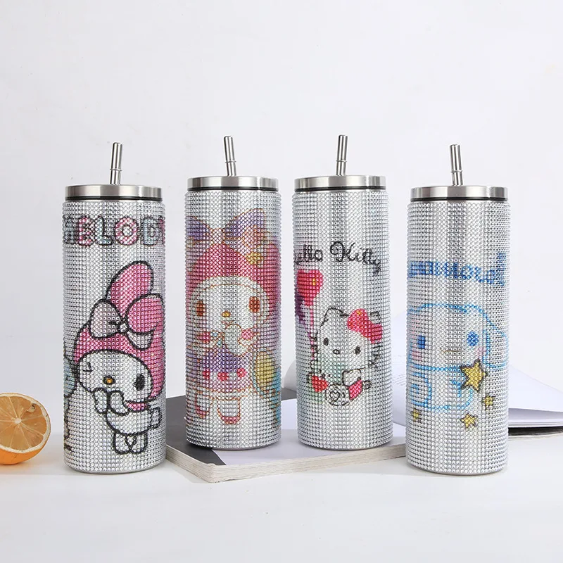 Hellokittys Cartoon Cup Cinnamoroll Kuromi Kawaii Cartoon Sanrios Paste Drill Vacuum Coffee Sippy Straight Cup Anime Girl Gift