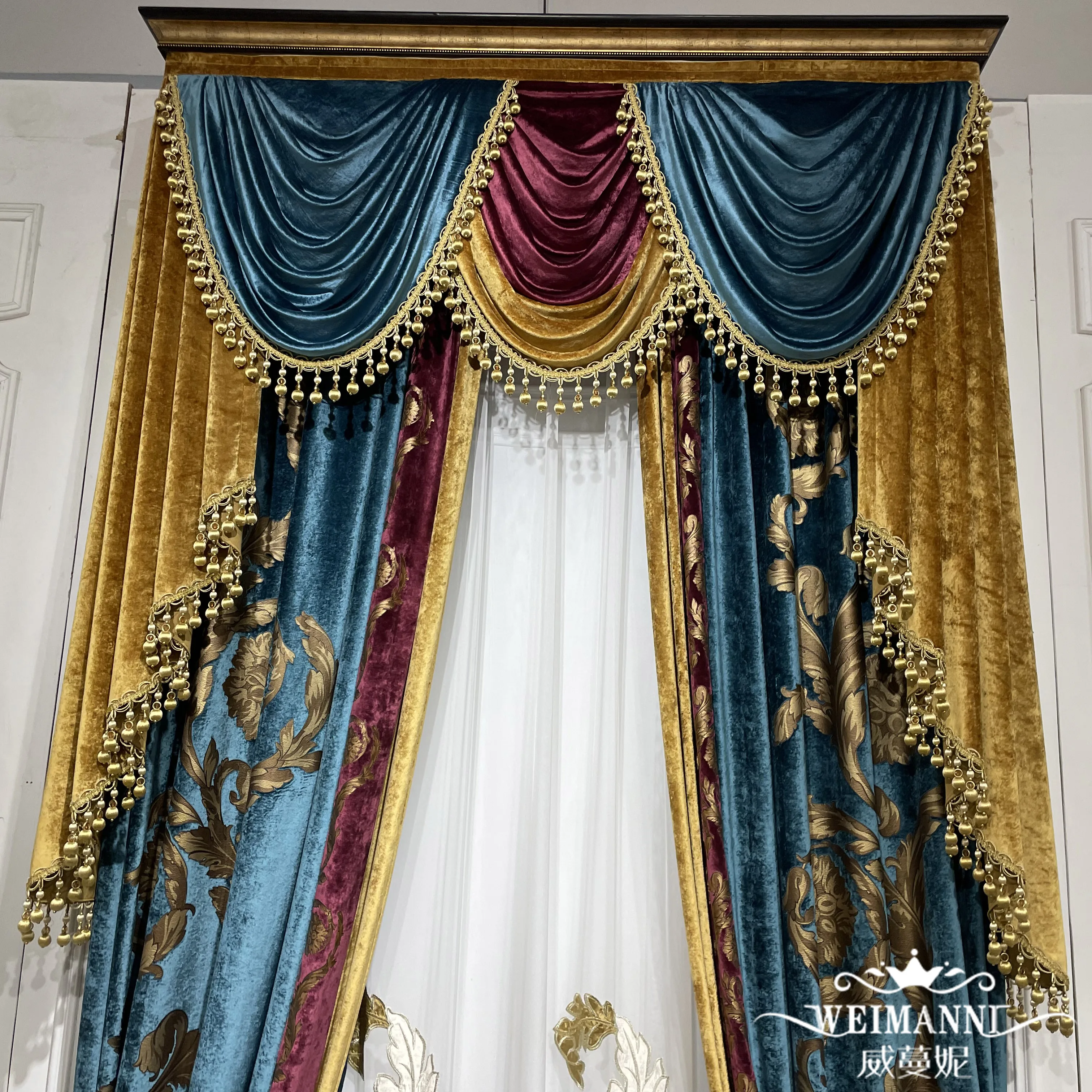 Custom Elegant villa European retro living room bedroom flannel bronzing blue cloth valance blackout curtain tulle drape C1975