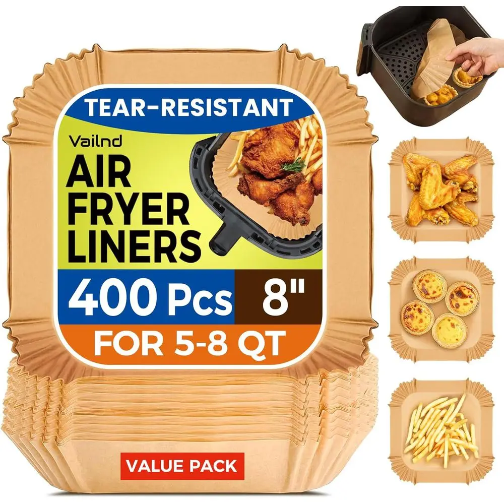 

400 Pcs Disposable 8 Square Heavy-Duty Parchment Paper or 5-8 qt Airryer Basket, Non-Stick & Grease-Proof Baking Liner or Oven P
