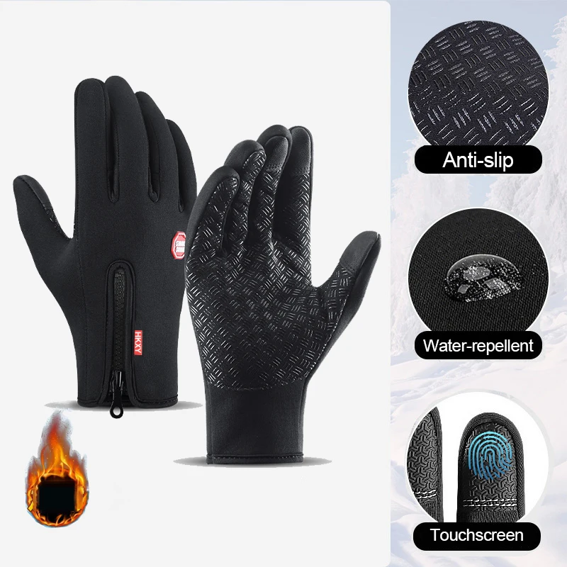 Winter MTB-Handschuhe, warm, Radfahren, schwarz, für Herren und Damen, wasserabweisende Handschuhe, rutschfest, zum Skifahren, Touchscreen, Camping, Wandern, Reißverschluss-Handschuhe