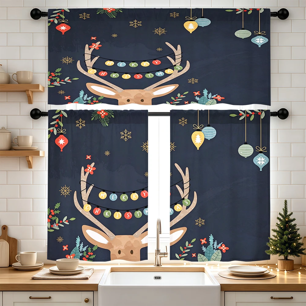 Christmas Winter Kitchen Curtains, Reindeer Antler Snowflake Bauble, Digital Print, Kitchen Dining Room, Rod Pocket Polyester