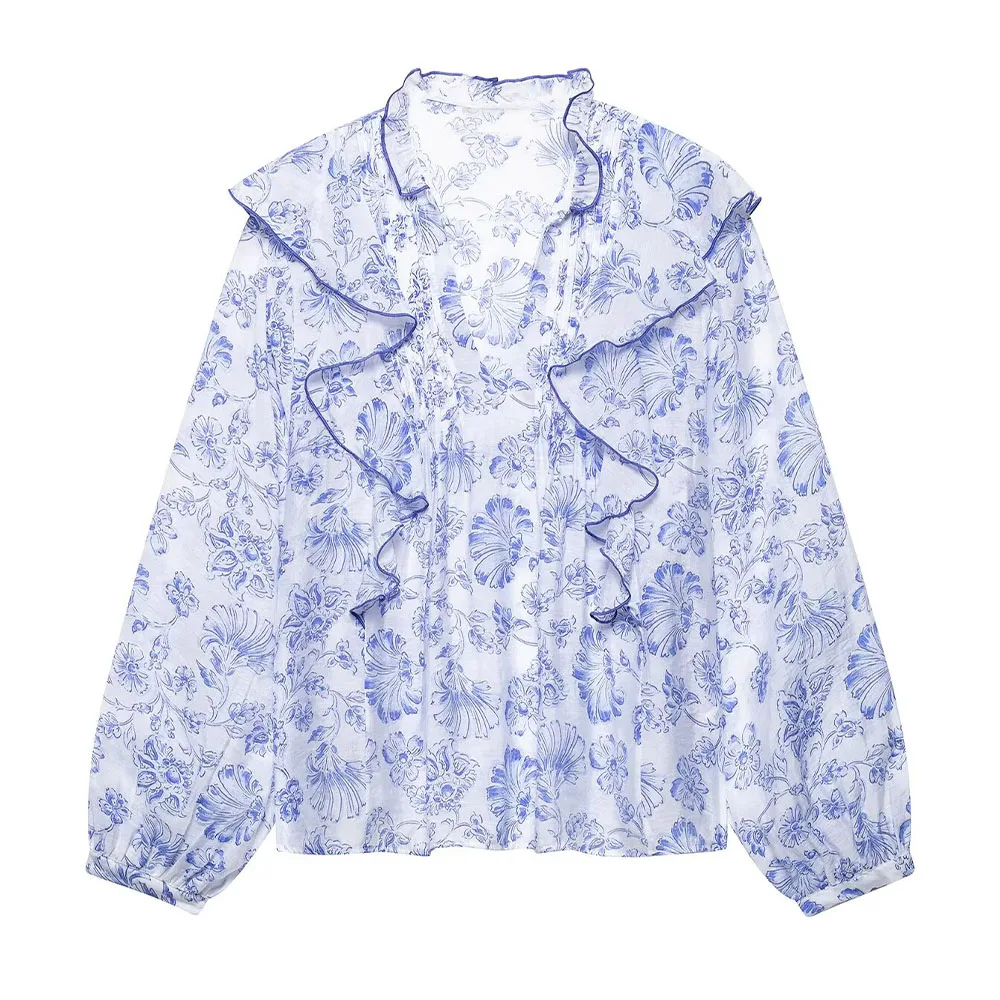 

TRAF & Women 2025 Spring New Fashion Tongle Style Laminated Decorative Printed Shirt Chic V-Neck Casual Long Sleeve Top Blouses