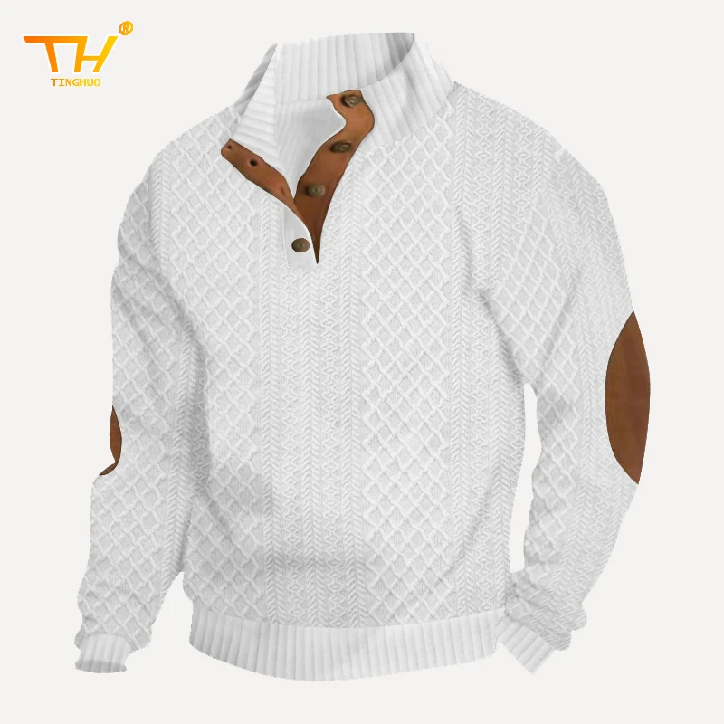 Men's Colorblock Patchwork Jacquard Button Front Sweater Sweatshirt, Regular Casual Long Sleeve Stand Collar Knitted Sweatshirt