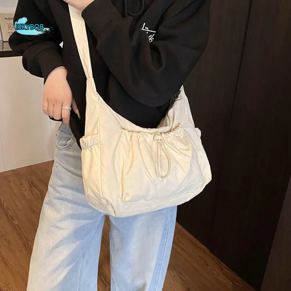 

Sweet Korean Style Nylon Shoulder Bag Handbag Lightweight Crossbody Bag Tote Bag Pleated Drawstring Bag Outdoor