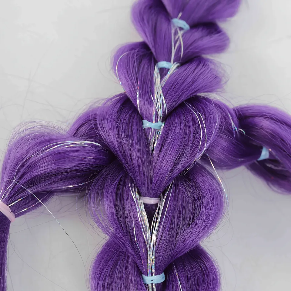 Cola de caballo trenzada sintética morada de 32 pulgadas con brillantina, extensión súper brillante para niños, cosplay de Navidad 5