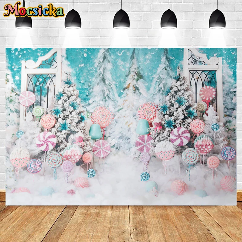 

Mocsicka Sweet Candy House Backdrop For Photography Cake Smash Portrait Background Winter Christmas Snow Pine Tree Forest Props