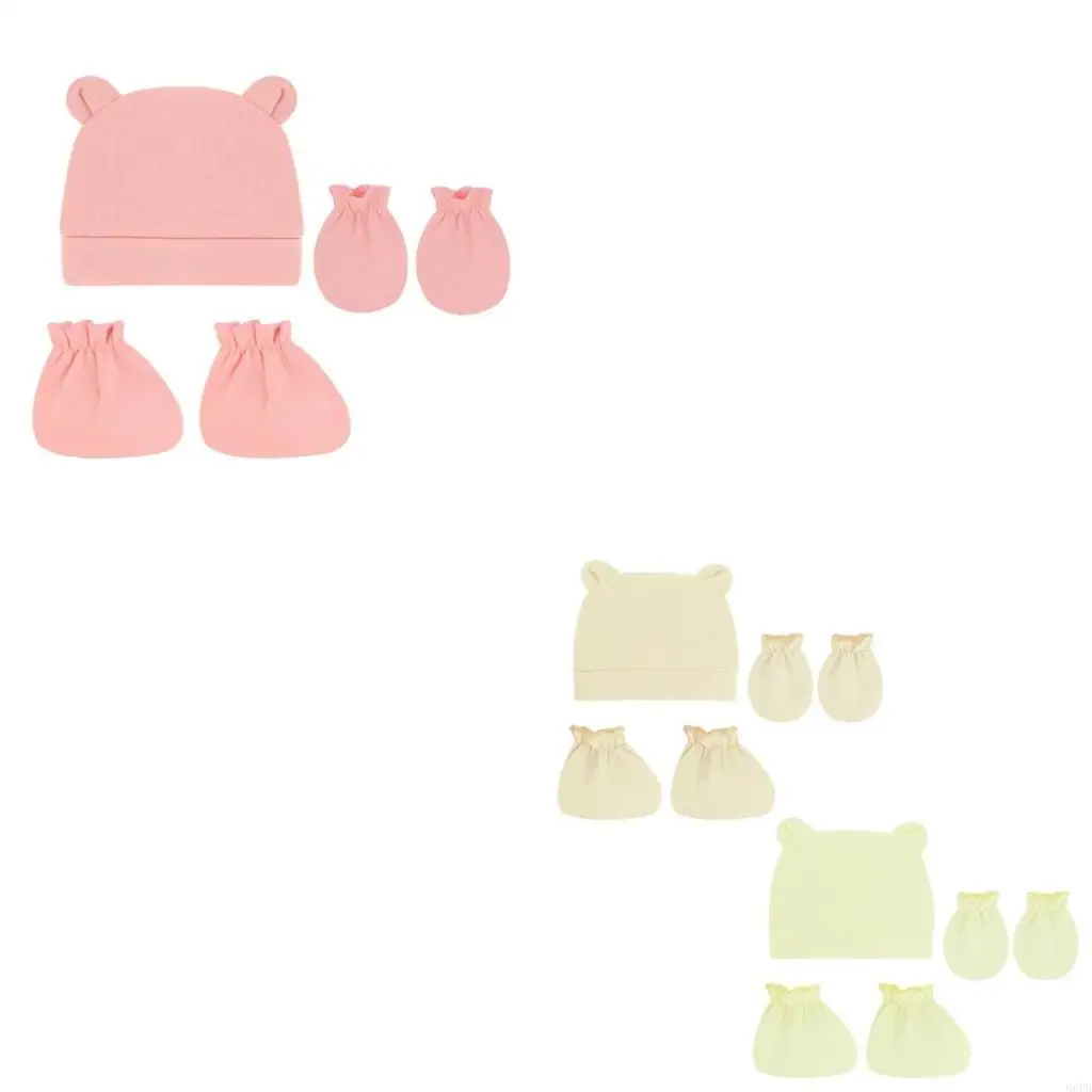 

Solid Color Spring Autumn Summer Ear Cap Mittens Socks Warm Cap for Infants Newborn Toddler Gifts