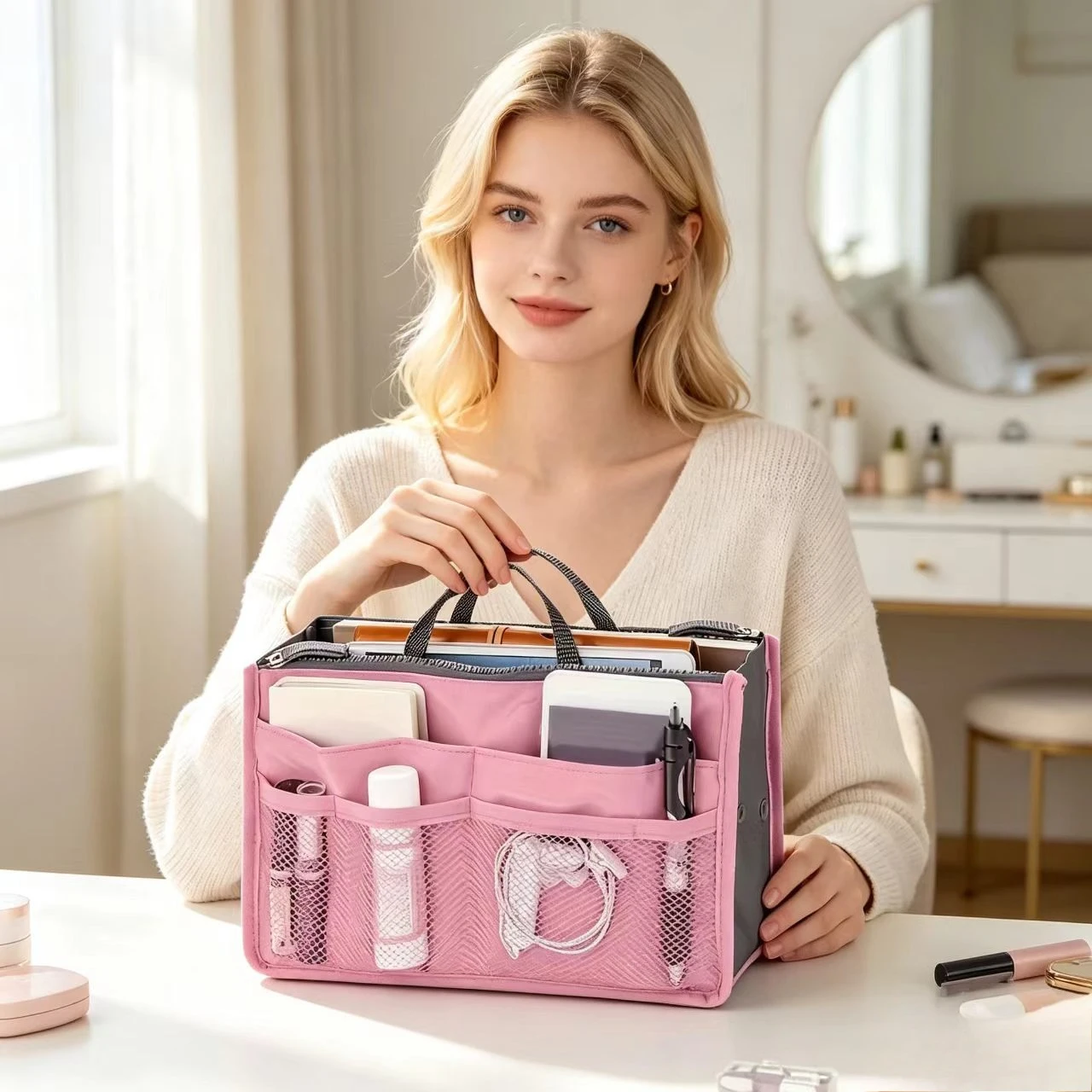 Multifunctional Bi-fold Storage Bag Large Capacity Makeup Bag with Mesh Grid Travel Storage Bag Mommy Bag Multi Pocket Cosmetic