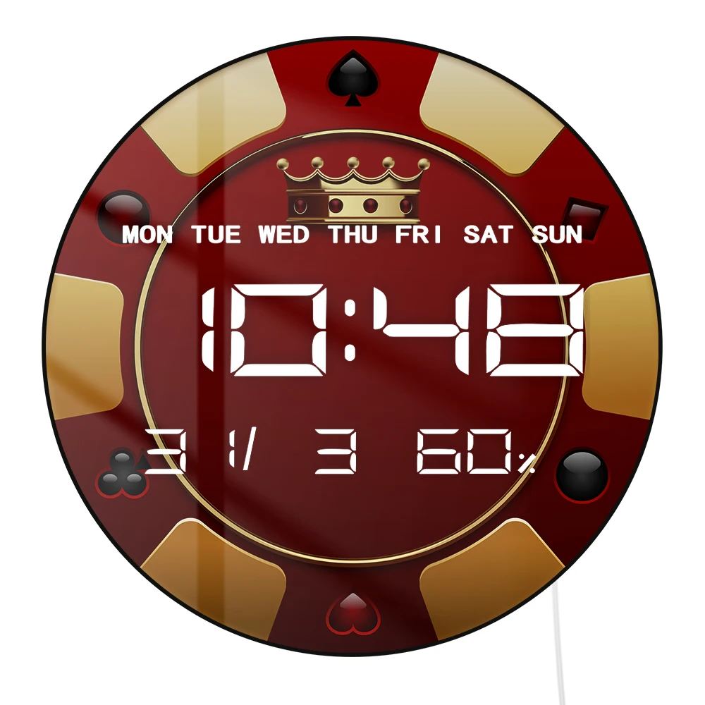 Red Gold Poker Chip LED Digital Wall Clock Casino Gambling Electronic Wall Clock with Calendar Date Temperature 12/24hour Format