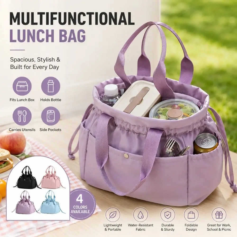 Thickened Drawstring Lunch Box Bag Multi-Pocket Design Hand Carrying Lunch Drawstring Tote Bag Easy To Clean Bundle Mouth