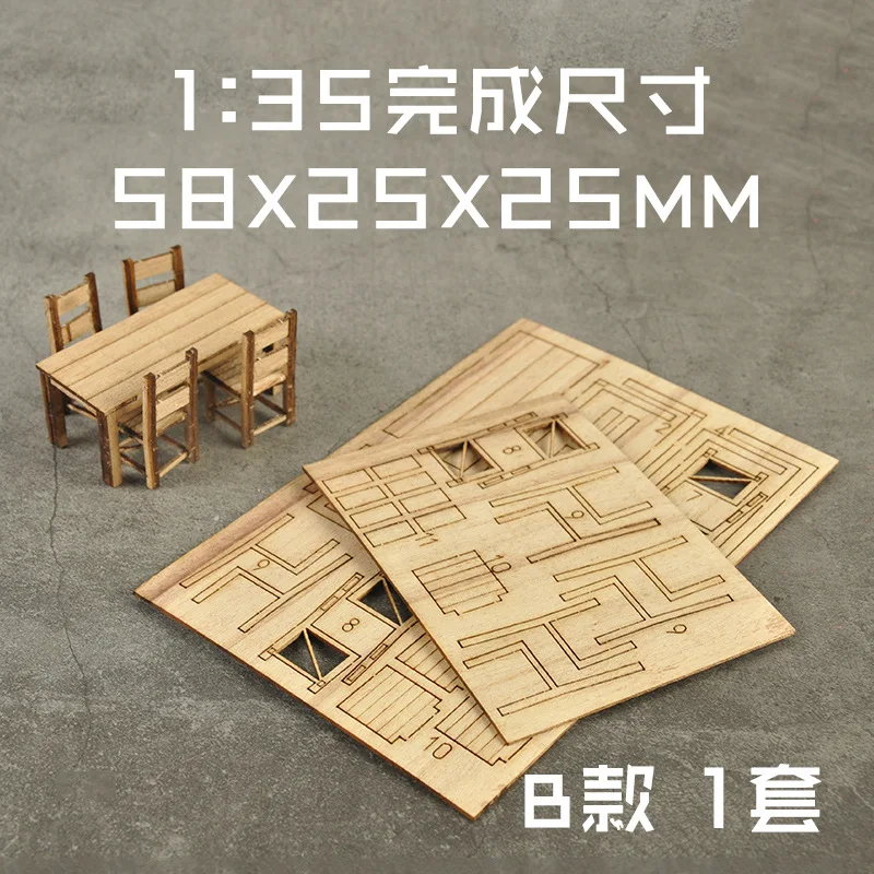 Juego de mesa y sillas en miniatura para bricolaje, diseño de construcción de arquitectura, Kits ensamblados de madera para Diorama, escala 1:35