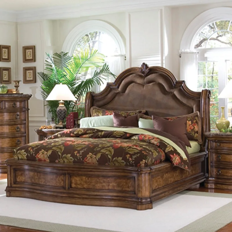 Solid Wood  Double Bed   American Style Country Frosted Leather  Antique Carved 1.8 Meter Soft Queen Bedroom Home Furniture