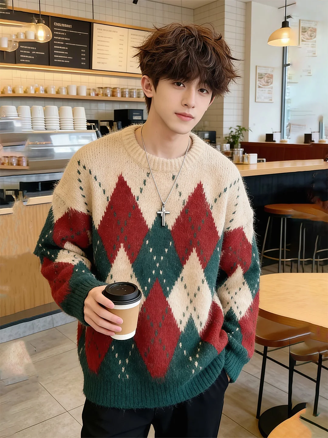 

Мужской свитер Cisas: мягкий, уютный базовый слой, трикотаж с ромбовидным узором, зимняя внутренняя одежда, повседневный, комфортный материал