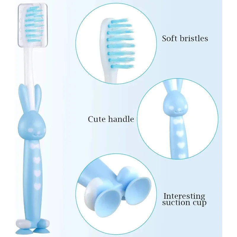 مجموعة فرش أسنان للأطفال ذات شعيرات ناعمة مكونة من 4 قطع - قاعدة كوب شفط وأغطية سفر بتصميم أرانب ودببة