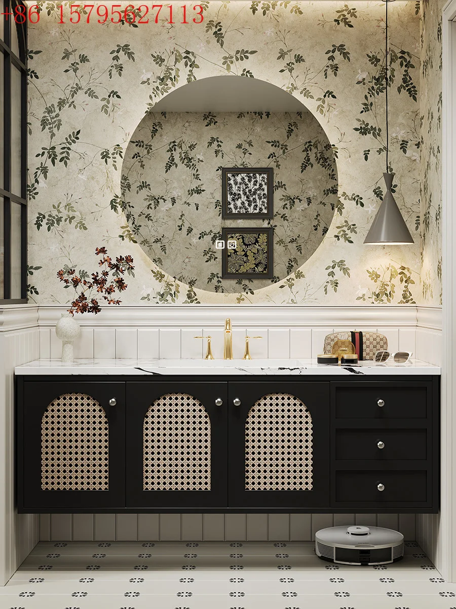 

Бесшовная керамическая встроенная раковина из каменной плиты, резиновая древесина, французский ретро-шкаф из ротанга для ванной комнаты