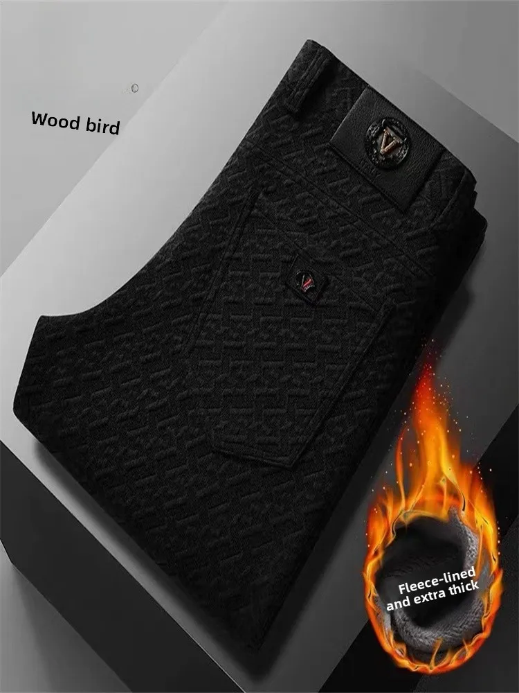 

Fce Lined Thiened Casual Pants for Men Busin Warm Straight Leg Pants Autumn Winter Polyester Spandex Blend