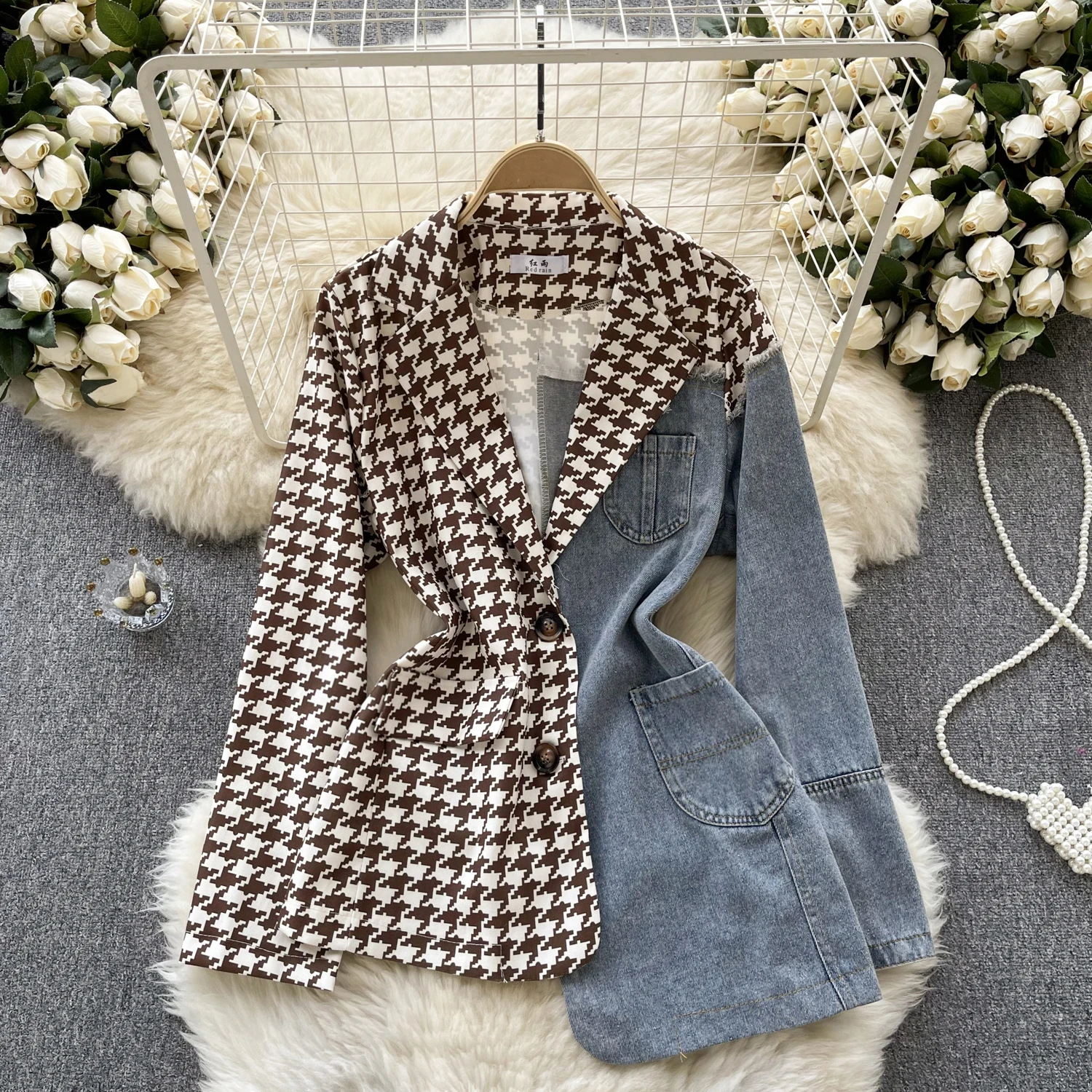 

Women's Light Luxury European American Suit Coat Irregular Spliced Denim Design Temperament Top Trendy Long Sleeve Spring Autumn