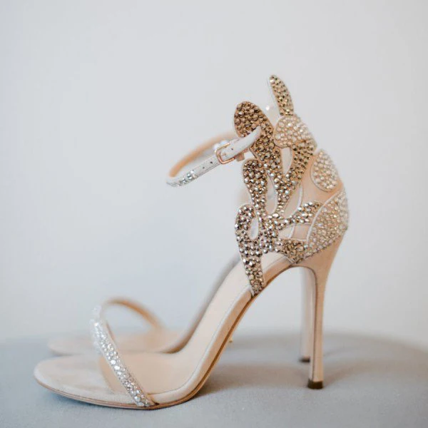 

Romantic Women Rhinestone Suede Carved Bridal Sandals Ladies Patched Colors Crystal Leaves Cover Heel Gladiator Open toe Shoes