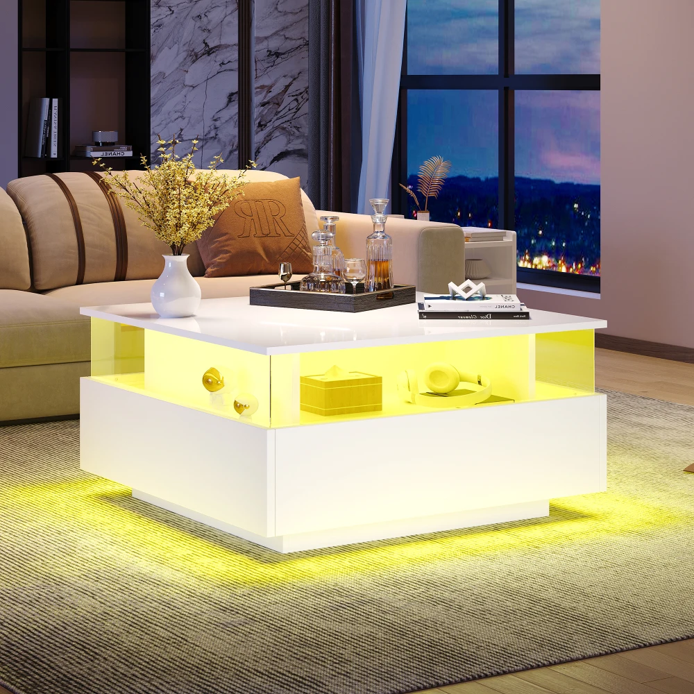 70 x 70 x 41 cm großer moderner Hochglanz-LED-Couchtisch mit 2 Schubladen und transparentem Präsentationsbereich, belastbar bis zu 30 kg – Detail 30