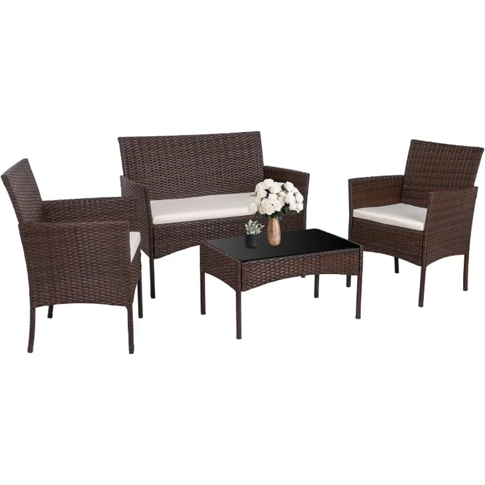 

4Pieces Outdoor Patio Furniture Sets Rattan Chair Wicker Set Outdoor Indoor Use Backyard Porch Garden Poolside Balcony Furniture