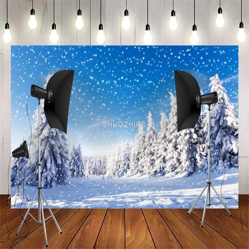 Winter Landscape Pine Forest Photography Backdrops Mountain Snow Nature Background Christmas Day Clouds Sky Photo Props TW-02