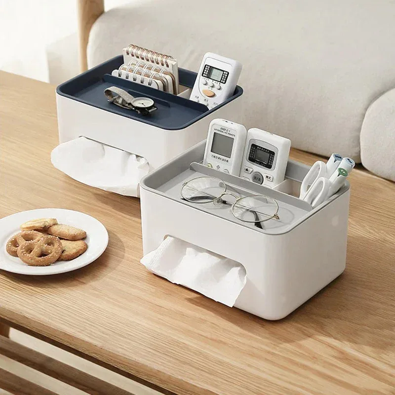 

Multifunctional Desktop Storage Box with Tissue Holder, Remote Control Organizer for Bathroom Living Room Office Restaurant