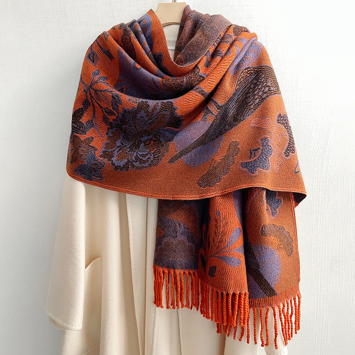 Flower Bird Pattern Winter & Fall Extra Soft Warm Scarf Large Pashmina Shawls & Wraps Cashmere Feel Womens Scarfs for Wedding