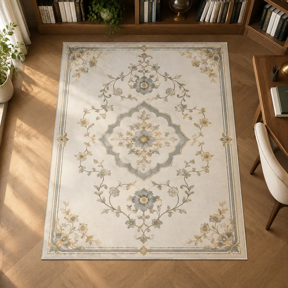 VIKAMA Floor Carpet Moon White Gold Line Symmetrical Bloom Soft Washable Study Sitting Room Fireplace Side Table Home Decoration