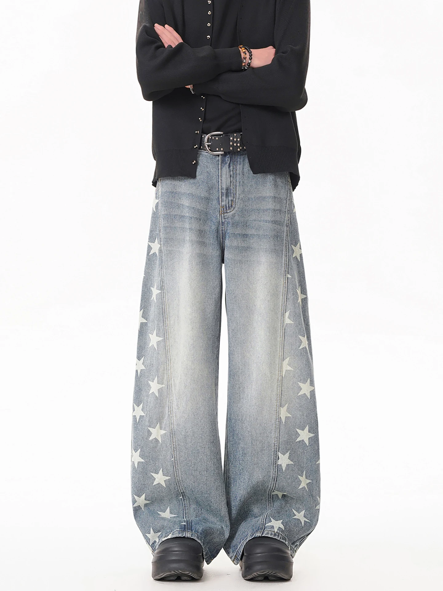

Boyue American Retro High Street Sle Loose Wide Leg Jeans Men's Women's Star Print Design Long Trousers Casual Faion