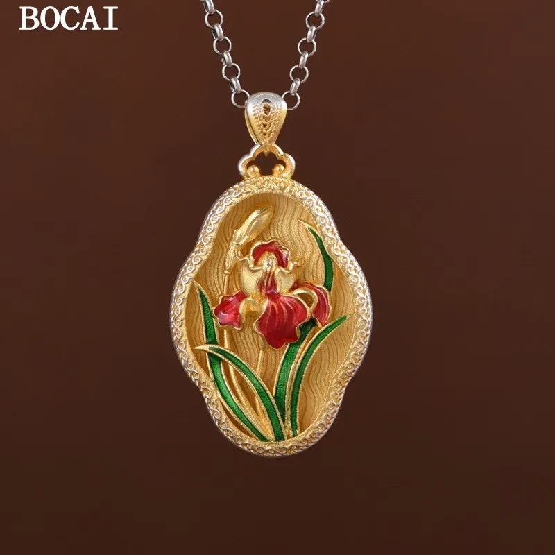 BOCAI S999 Silver Gold Stroke Elegant Chinese Style Peony Flowers Golden Phoenix Orchid Lucky Pendant