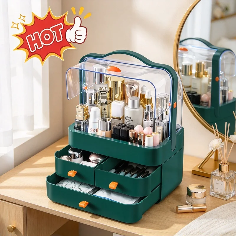 Waterproof Dustproof Cosmetic Organizer with Lid Drawer, Skincare Storage Box for Dressing Table
