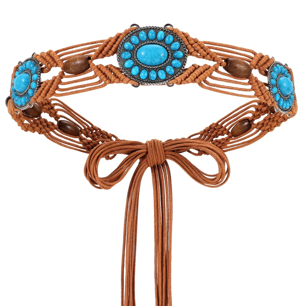 Boho Turquoise Belt for Women Wax Rope Braided Waist Belt Western Hand-Woven Bead Tassel Belts for Dress, 2” Wide