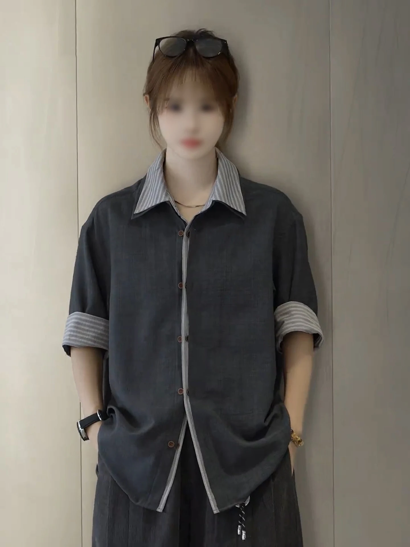 Men's Linen Shirt Lightweight Short Sleeve Stripe Patchwork Double Collar Summer Breathable Casual Style Seven-eighths Sleeve
