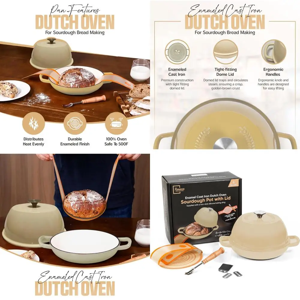 

Enameled Cast Iron Dutch Oven Pot with Lid - Dutch Oven for Sourdough Bread Baking - With 5 Blade Bread Lame & Non-Stick Silicon