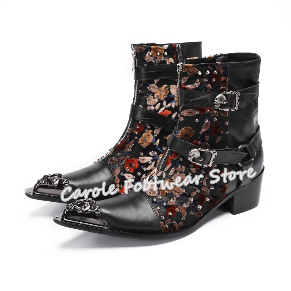 รองเท้าบูทเชลซีผู้ชายประดับเพชรหรูหรา งานปัก รองเท้าออกงานแต่งงาน รองเท้าหัวแหลมโลหะ รองเท้าบูทหุ้มข้อสูงสำหรับผู้ชาย