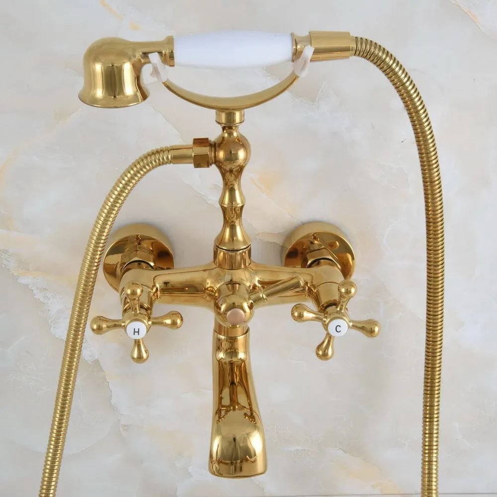 Luxury Gold Color Brass Wall Mount Bathroom Bath Tub Faucet Set WITH/ 1.5M Handheld Shower Spray Head Mixer Tap Dna847