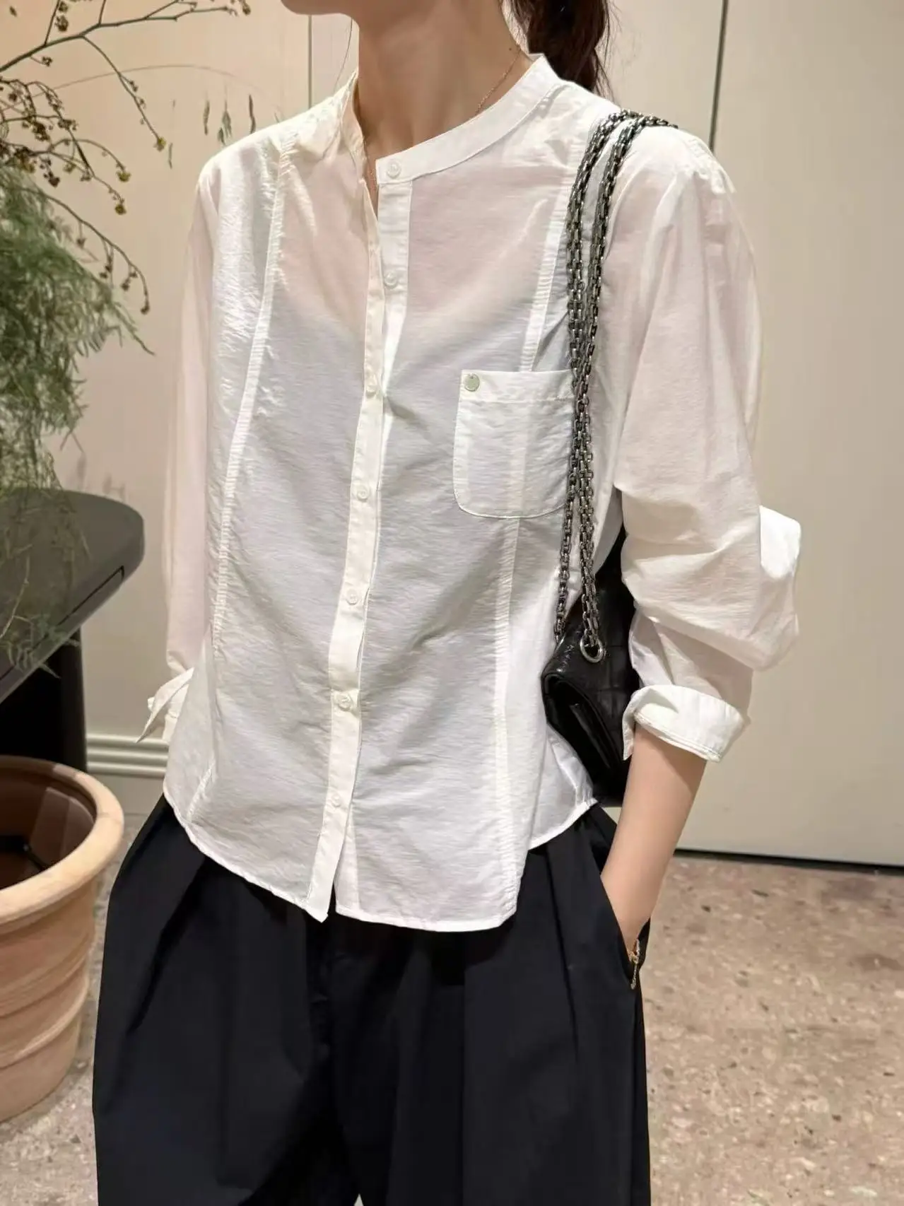 

Atoushui Women's Long Sleeve Slim Fit Loose round Neck Shirt Spring Summer New Style Korean Style Pure Color Thin Splicing Shirt