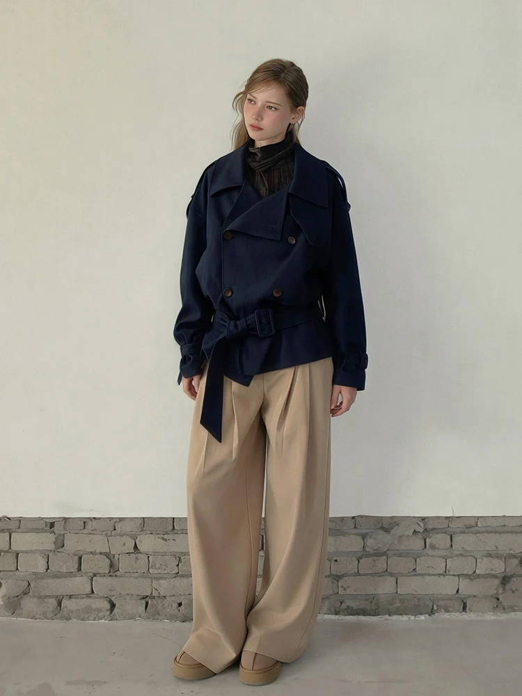 REDDACHiC Denim Cropped Trench Coat Women Lounge Loose Belt Double Breasted Long Sleeve Cleanfit Lapel Jackets Trendy Outwear