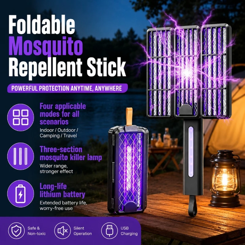 New Foldable Electric Mosquito Swatter for Outdoor Camping Portable UV Trap Lamp Rechargeable Hanging Type Mosquito Killer Lamp